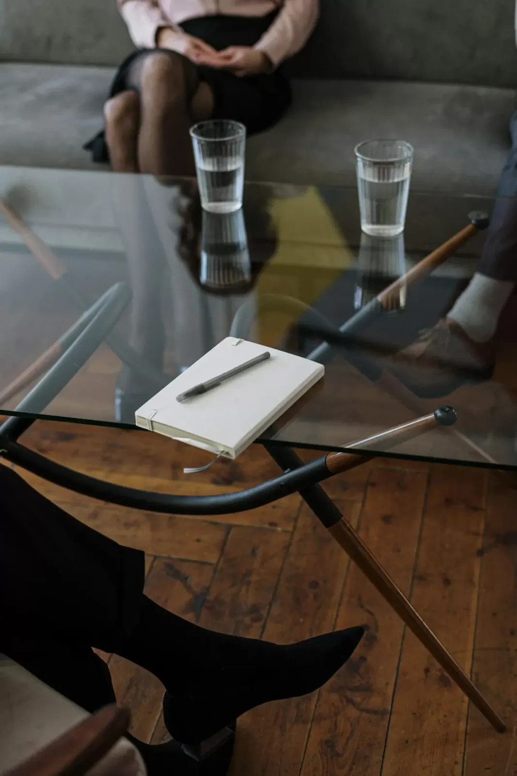 Drinks on the glass coffee table in the waiting area